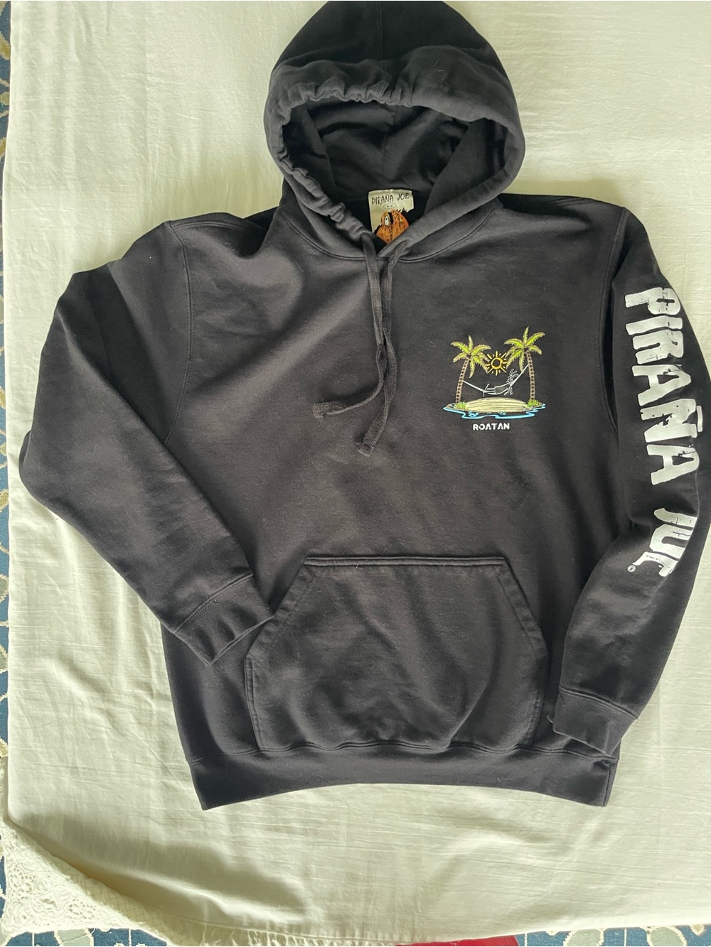 Pirana Joe Men’s Black Hooded Sweatshirt with Palm Island Graphic